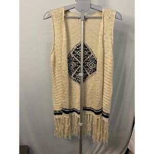 Janice Womens‎ One Size Sleeveless Knit Vest Fringe Cream Black Boho Chic